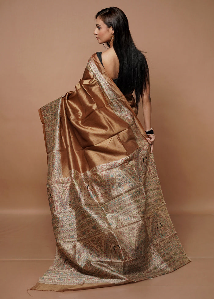 Rust Printed Pure Silk Saree Without Blouse Piece