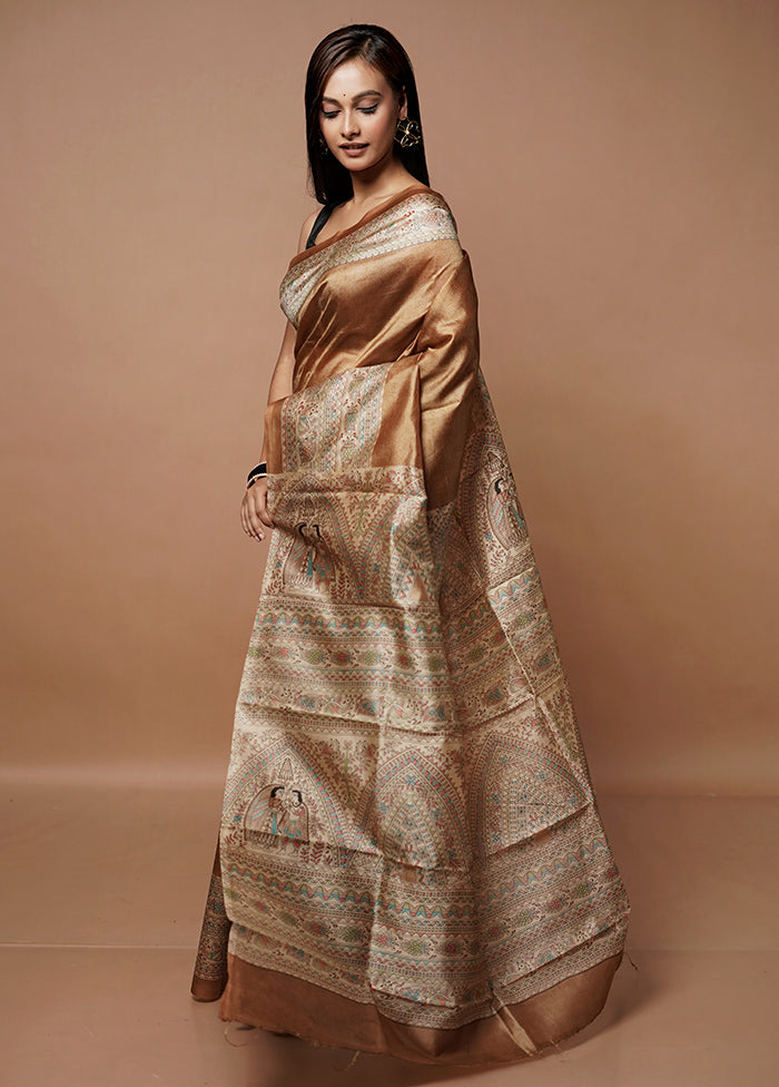 Rust Printed Pure Silk Saree Without Blouse Piece