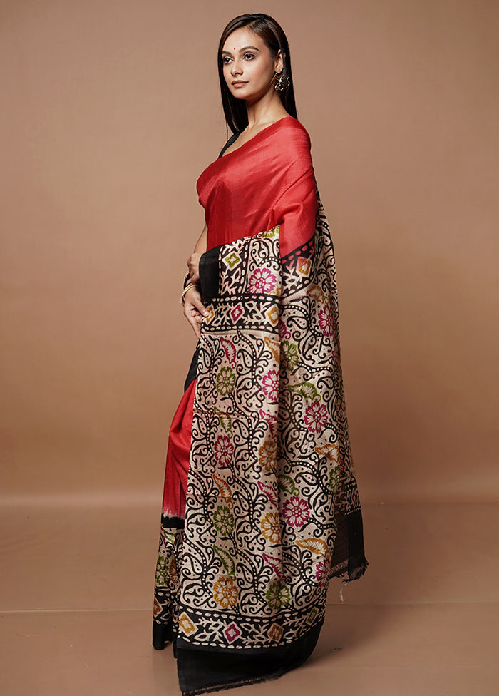 Red Printed Pure Silk Saree Without Blouse Piece