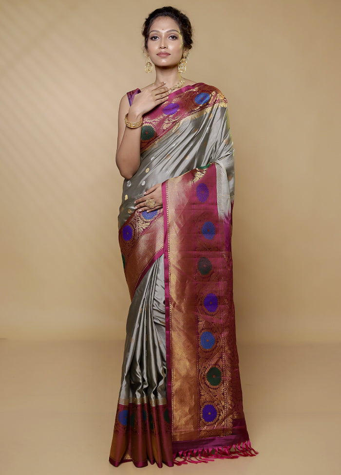 Grey Gadwal Pure Silk Saree Without Blouse Piece - Indian Silk House Agencies