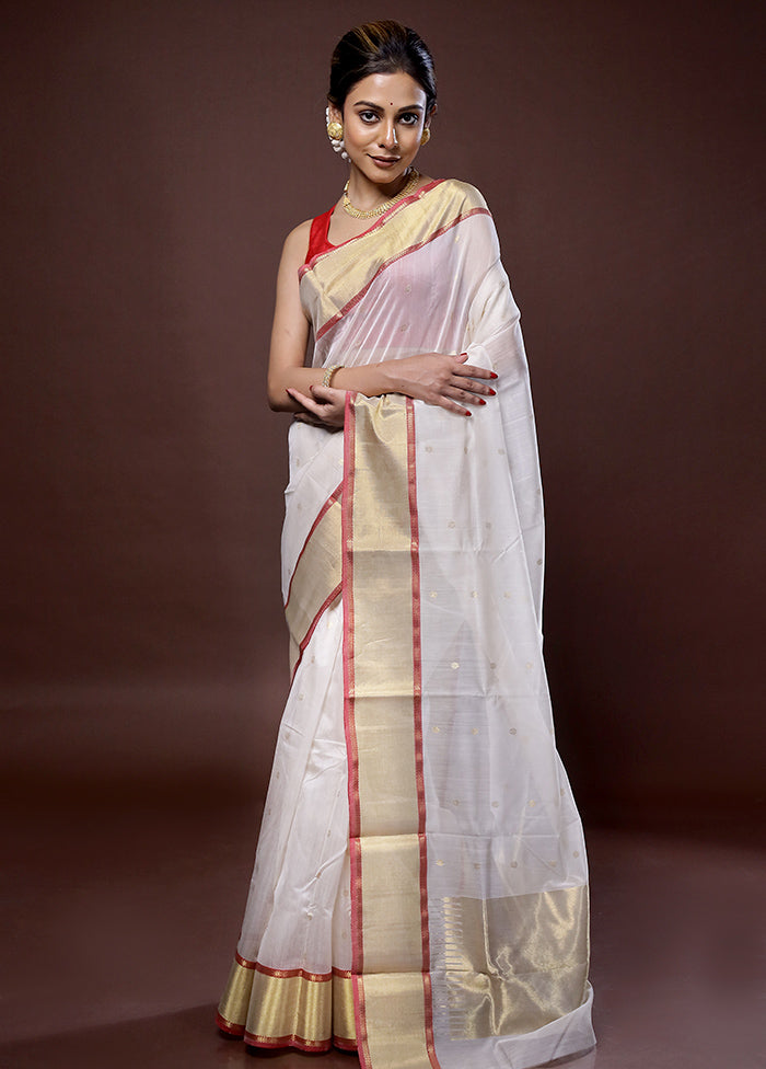 Cream Chanderi Pure Cotton Saree With Blouse Piece - Indian Silk House Agencies