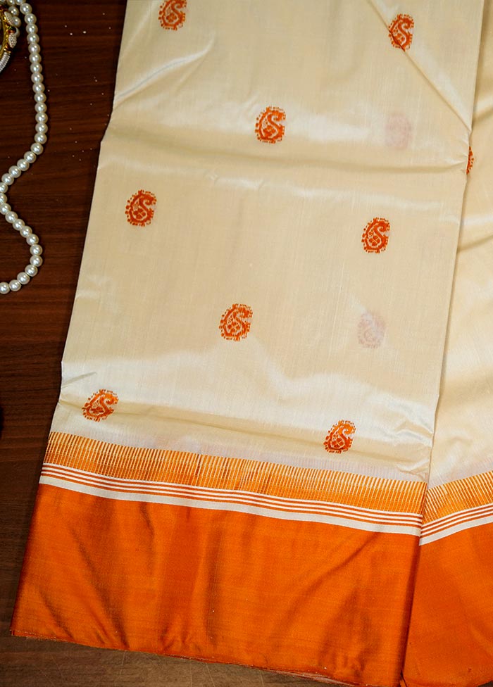 Cream Garad Pure Silk Saree Without Blouse Piece - Indian Silk House Agencies