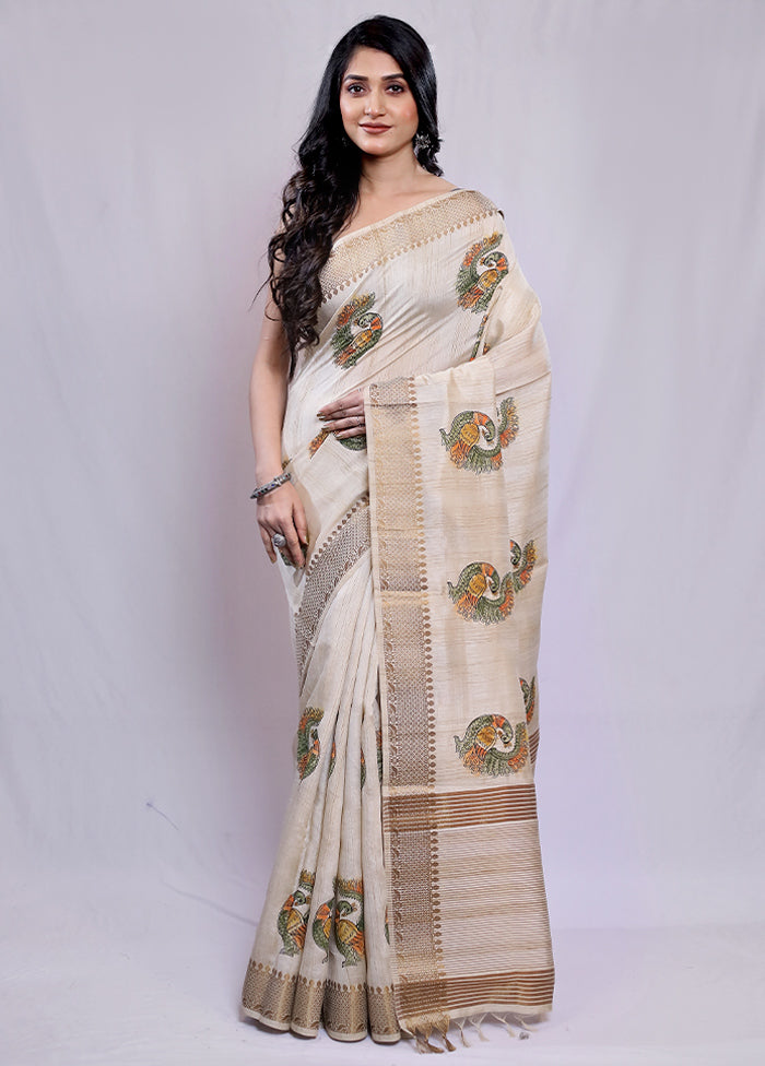 Cream Tussar Silk Saree With Blouse Piece - Indian Silk House Agencies