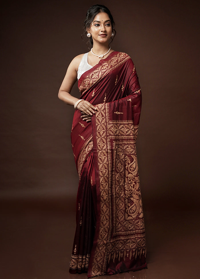 Maroon Kantha Stitch Pure Silk Saree With Blouse Piece