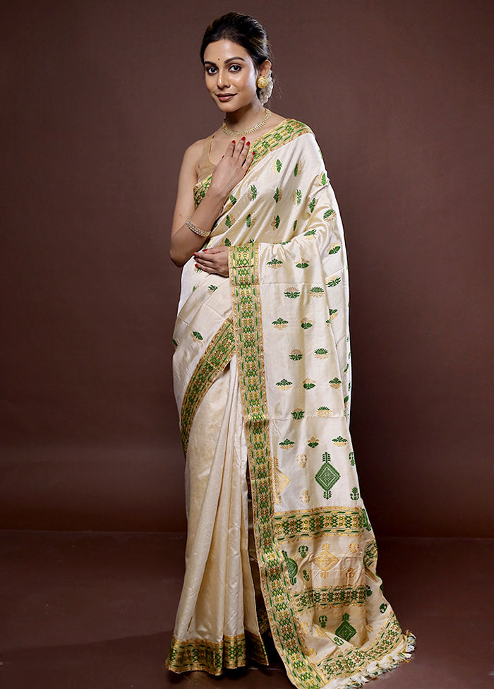 Cream Assam Pure Silk Saree With Blouse Piece - Indian Silk House Agencies