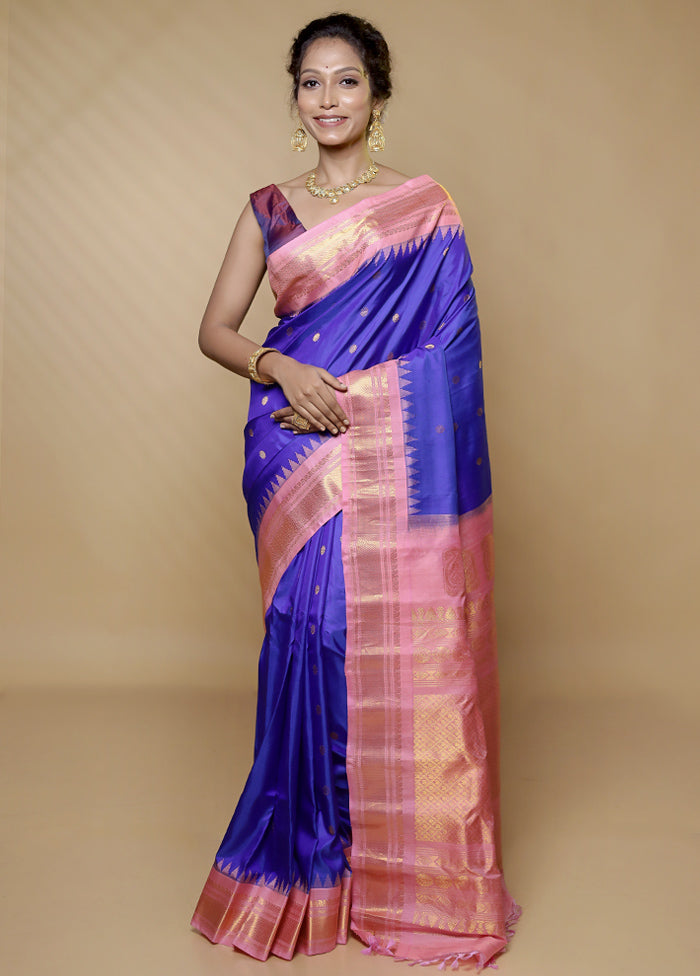 Blue Gadwal Pure Silk Saree Without Blouse Piece