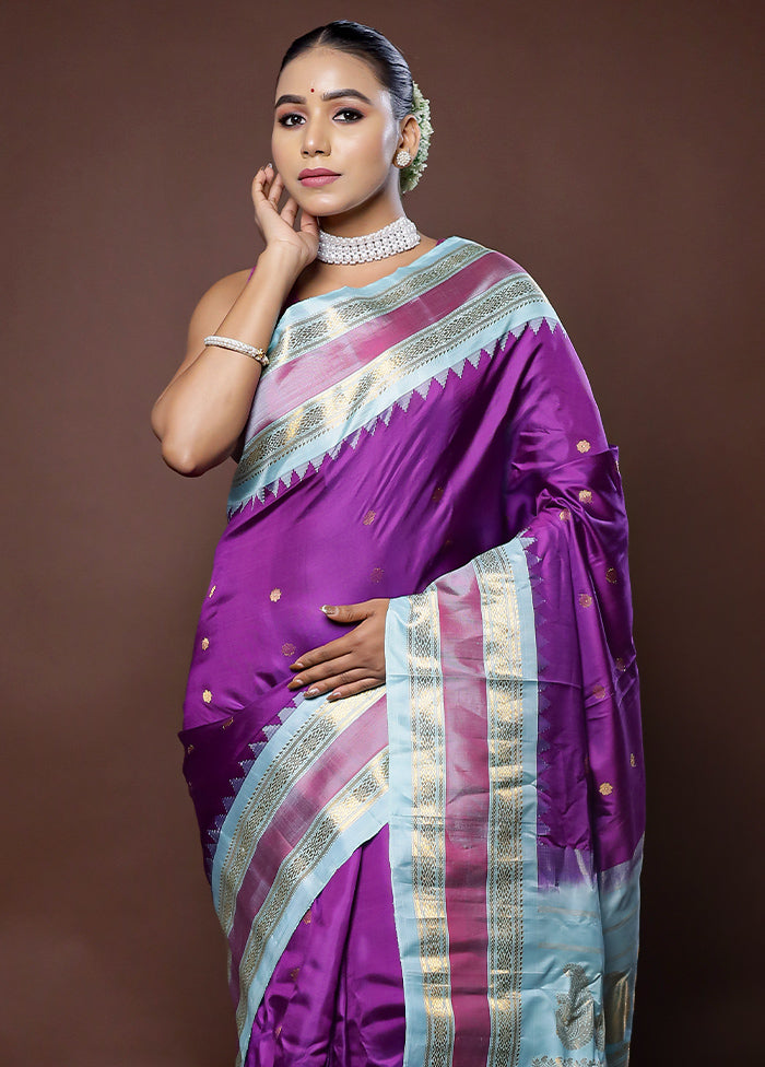 Purple Gadwal Pure Silk Saree Without Blouse Piece