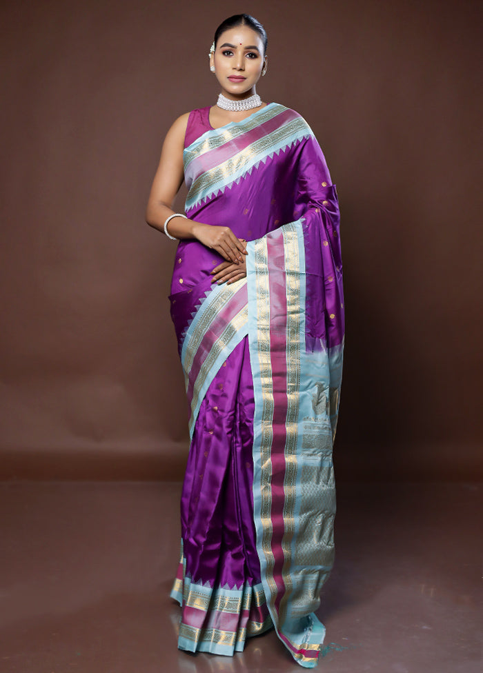 Purple Gadwal Pure Silk Saree Without Blouse Piece