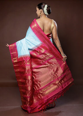 Blue Gadwal Pure Silk Saree Without Blouse Piece