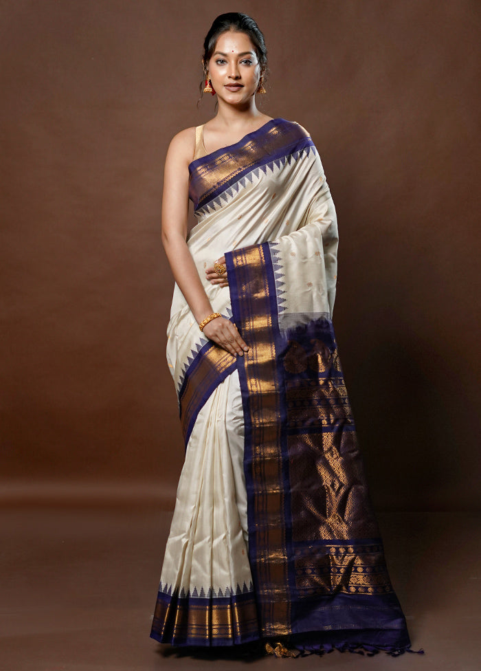 Cream Gadwal Pure Silk Saree Without Blouse Piece