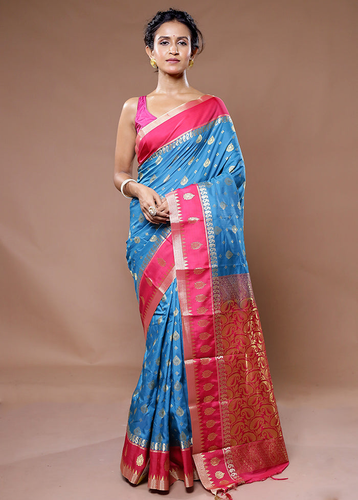 Blue Kanjivaram Silk Saree With Blouse Piece - Indian Silk House Agencies