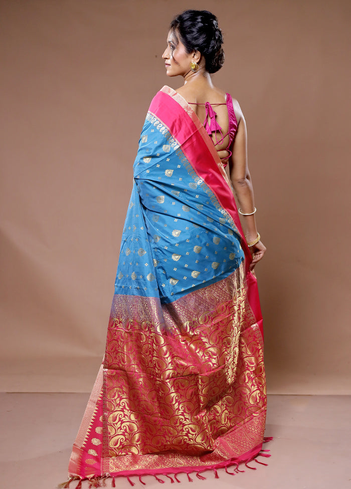 Blue Kanjivaram Silk Saree With Blouse Piece - Indian Silk House Agencies