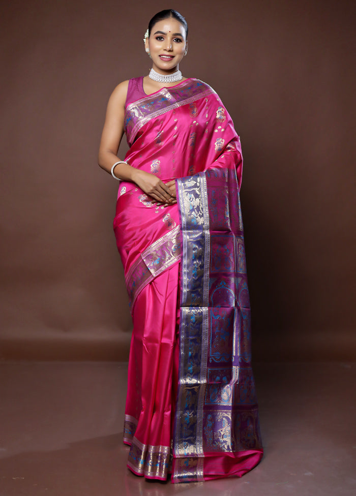 Purple Handloom Baluchari Pure Silk Saree With Blouse Piece