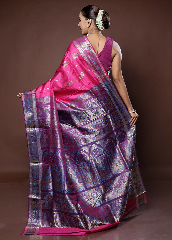 Purple Handloom Baluchari Pure Silk Saree With Blouse Piece