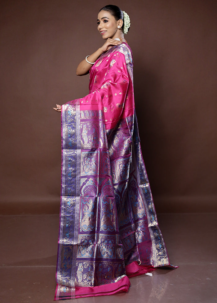 Purple Handloom Baluchari Pure Silk Saree With Blouse Piece