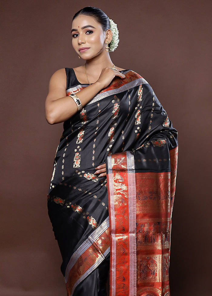 Black Handloom Baluchari Pure Silk Saree With Blouse Piece