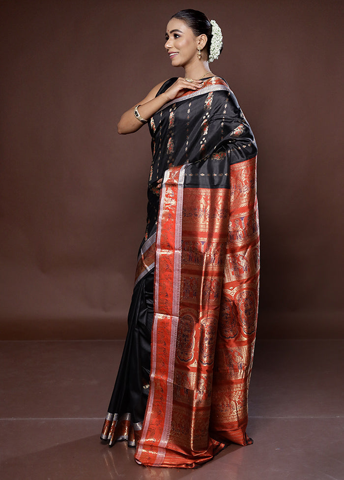 Black Handloom Baluchari Pure Silk Saree With Blouse Piece