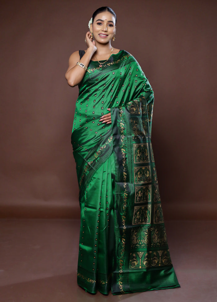 Green Handloom Baluchari Pure Silk Saree With Blouse Piece