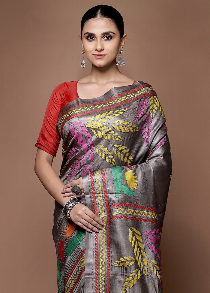 Grey Handloom Kantha Stitch Pure Silk Saree With Blouse Piece