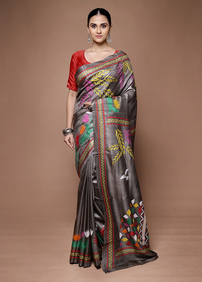 Grey Handloom Kantha Stitch Pure Silk Saree With Blouse Piece