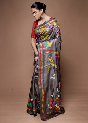 Grey Handloom Kantha Stitch Pure Silk Saree With Blouse Piece