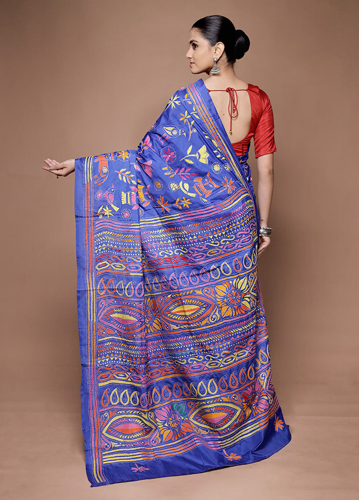 Blue Kantha Stitch Silk Saree With Blouse Piece