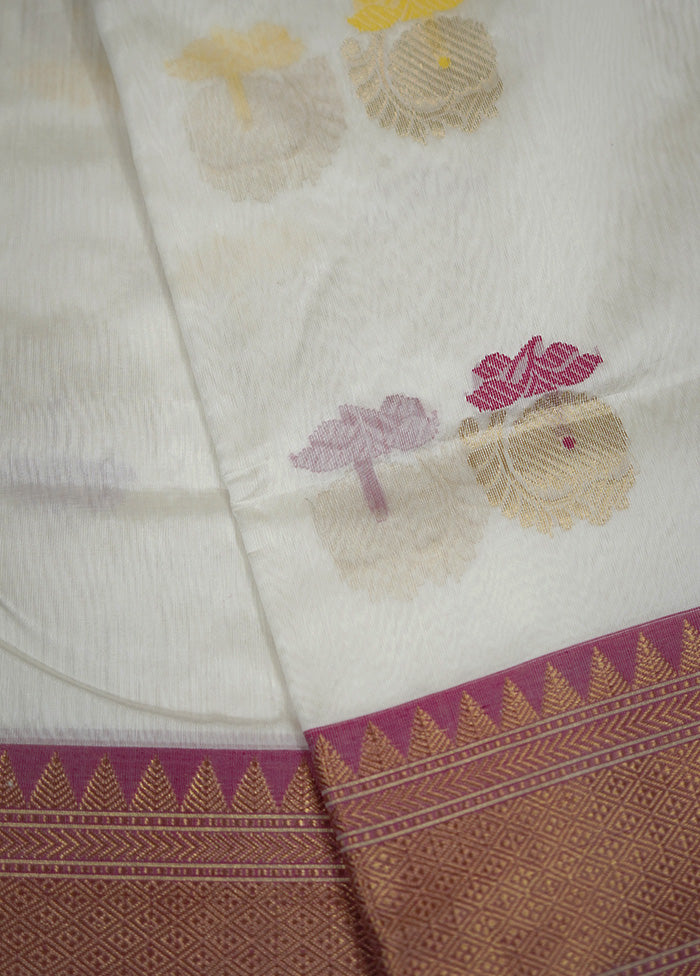 White Chanderi Pure Cotton Saree With Blouse Piece - Indian Silk House Agencies