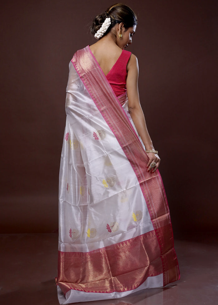 White Chanderi Pure Cotton Saree With Blouse Piece - Indian Silk House Agencies