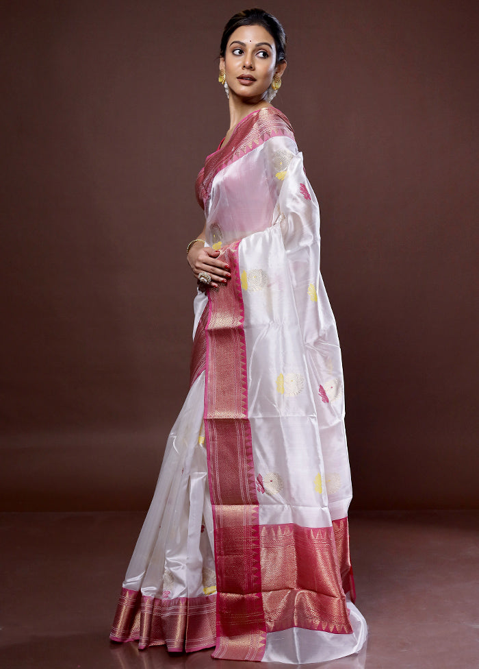 White Chanderi Pure Cotton Saree With Blouse Piece - Indian Silk House Agencies