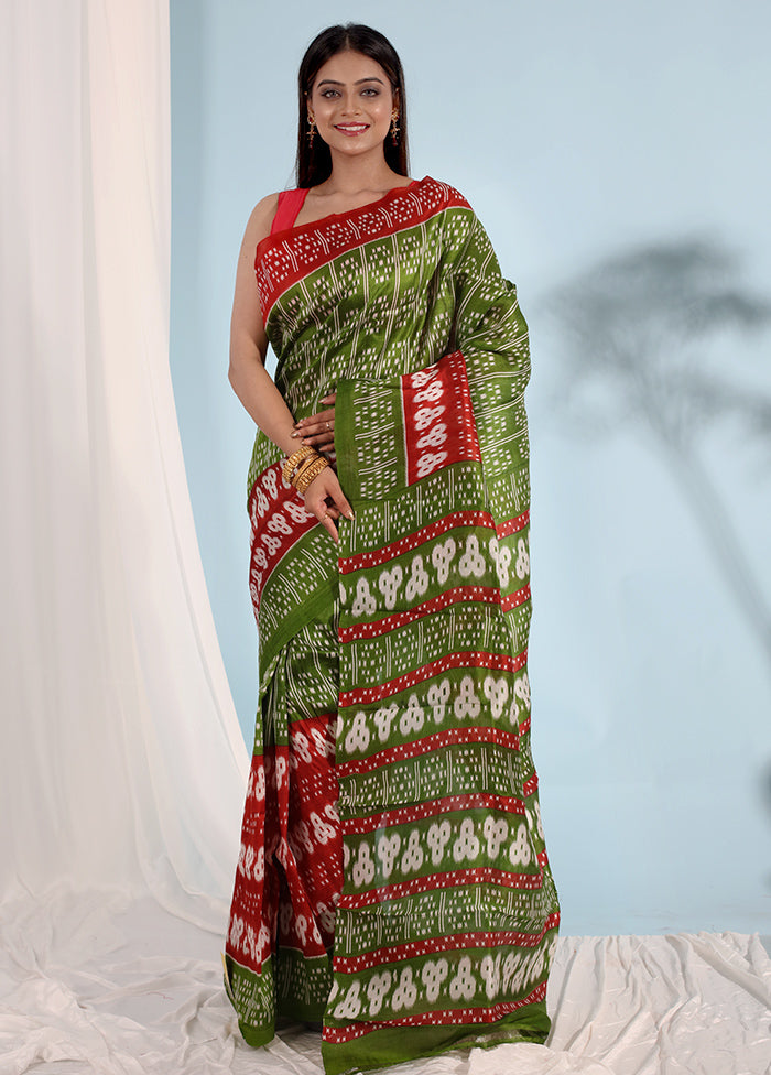 Green Printed Pure Silk Saree With Blouse Piece - Indian Silk House Agencies