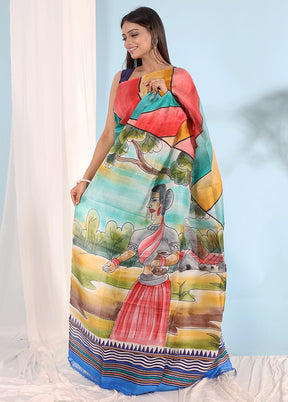 Multicolor Printed Pure Silk Saree With Blouse Piece