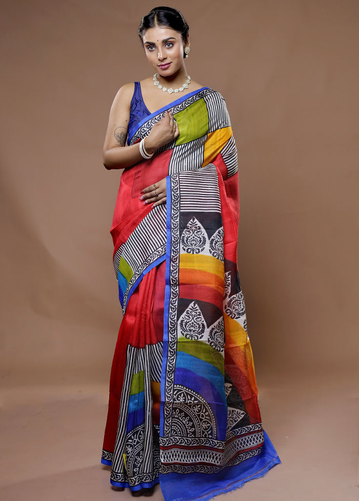 Multicolor Printed Pure Silk Saree With Blouse Piece - Indian Silk House Agencies