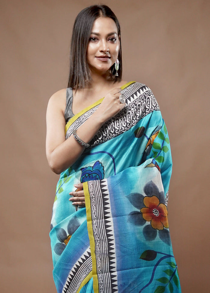 Multicolor Printed Pure Silk Saree With Blouse Piece