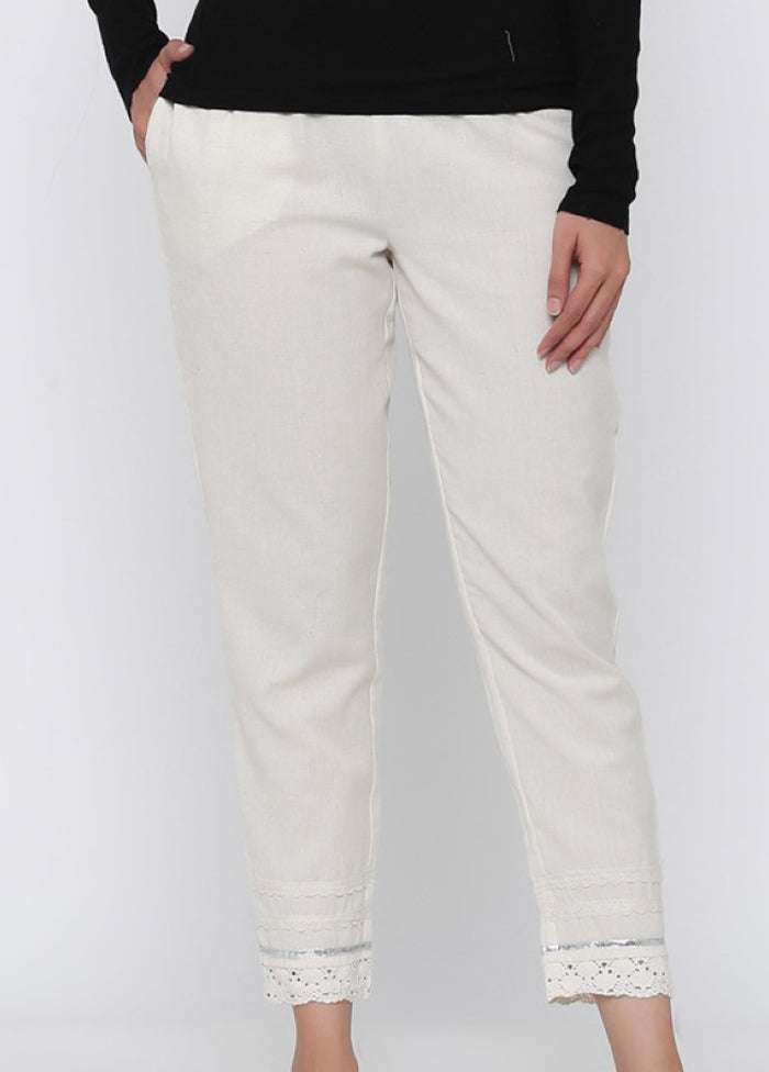 Off White Cotton Casual Pant