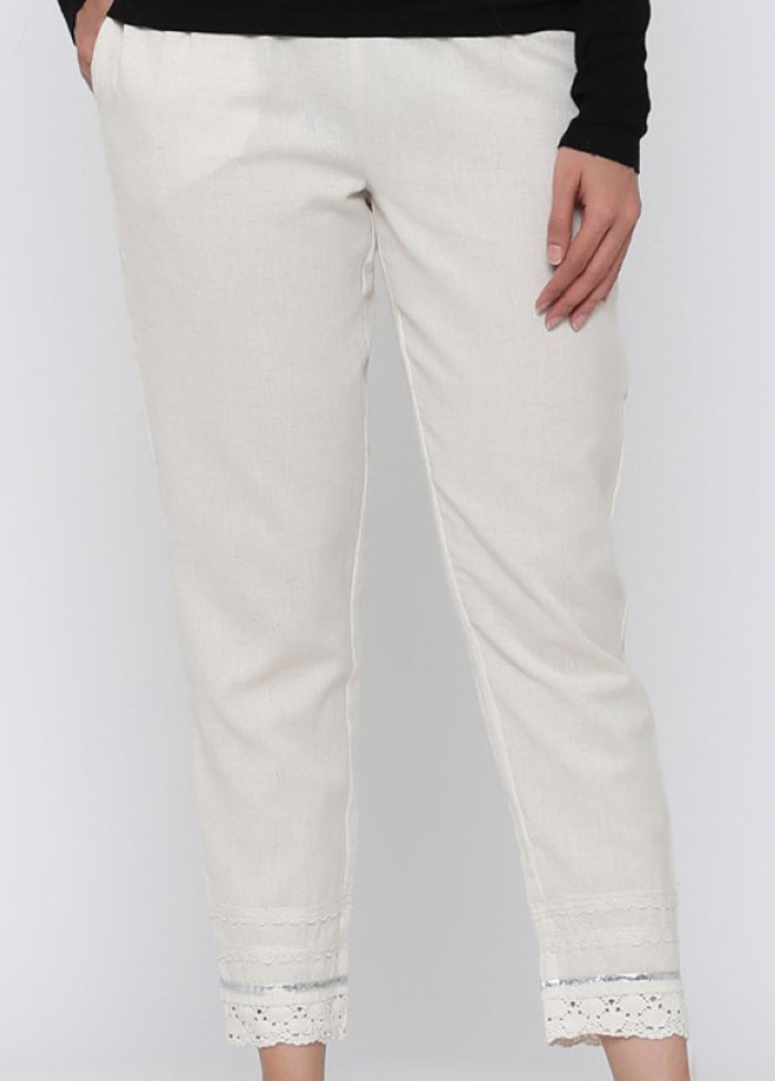 Off White Cotton Casual Pant