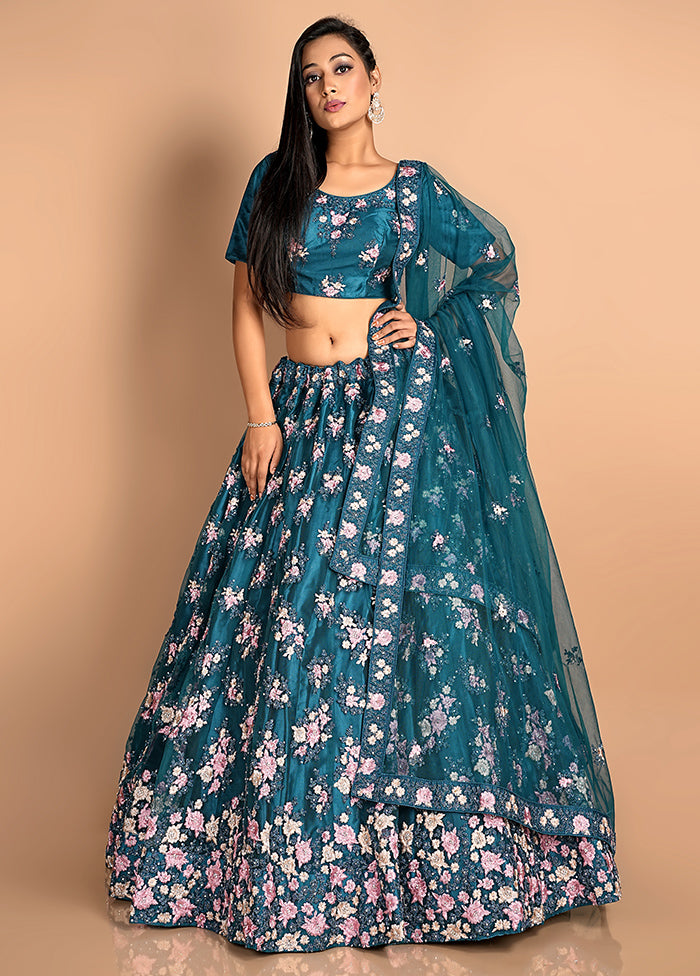 3 Pc Peach Net Semi Stitched Lehenga Set - Indian Silk House Agencies