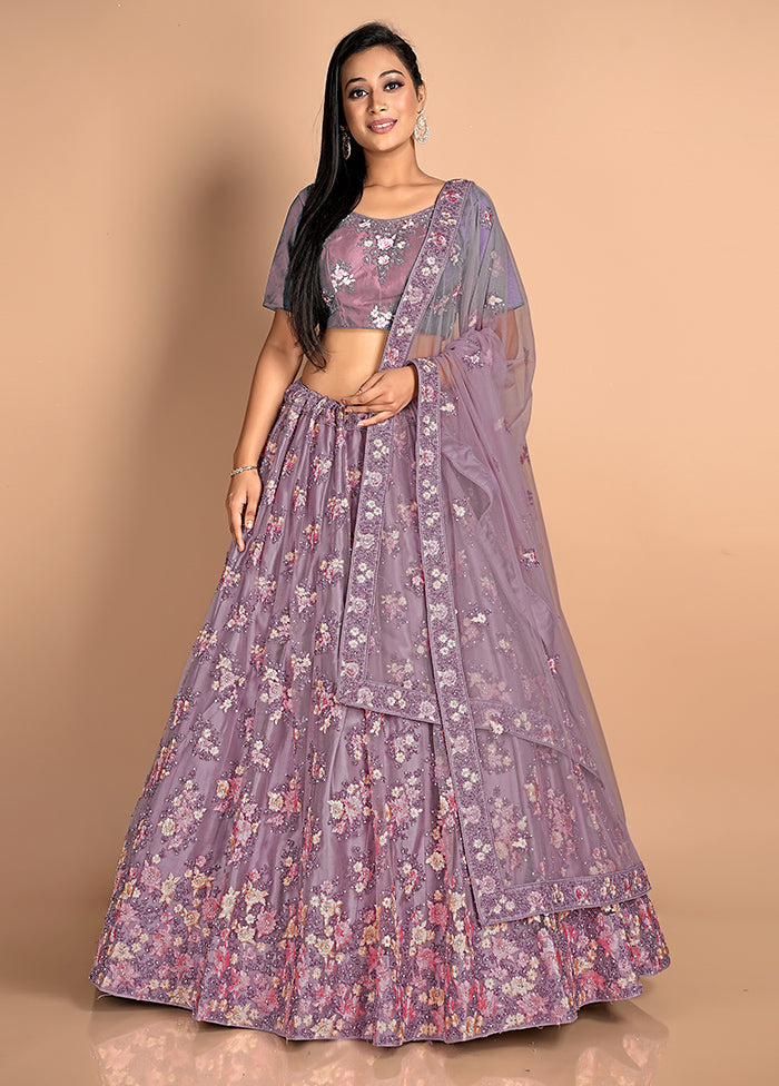 3 Pc Purple Net Semi Stitched Lehenga Set - Indian Silk House Agencies