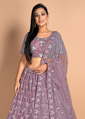 3 Pc Purple Net Semi Stitched Lehenga Set - Indian Silk House Agencies