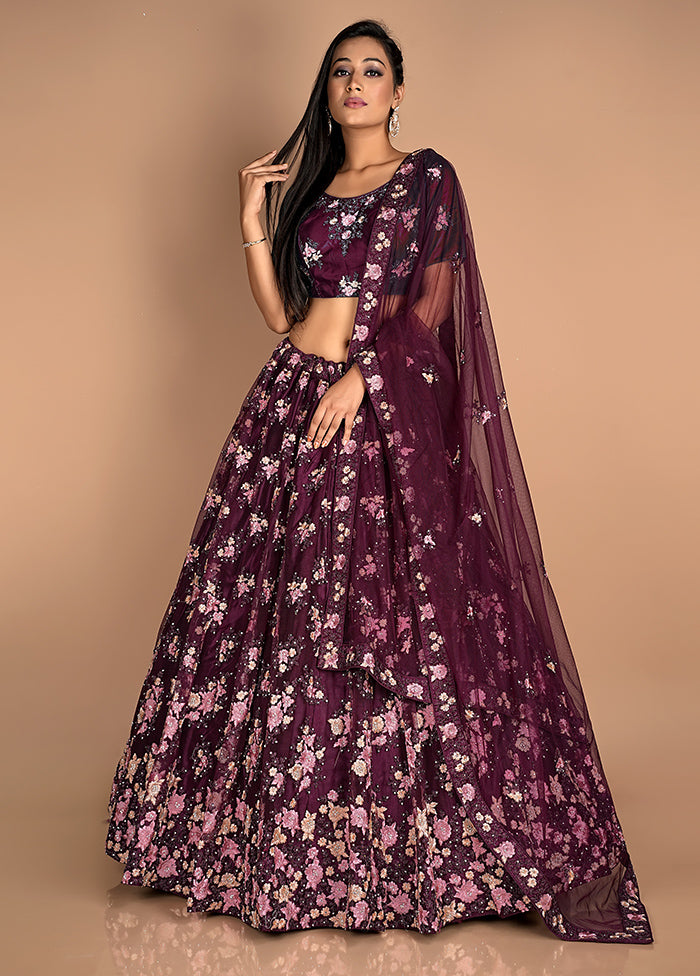 3 Pc Wine Net Semi Stitched Lehenga Set - Indian Silk House Agencies