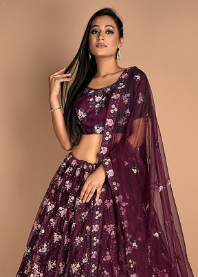 3 Pc Wine Net Semi Stitched Lehenga Set - Indian Silk House Agencies