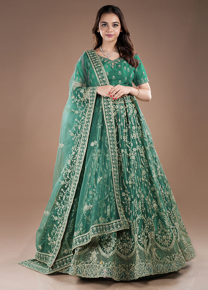 3 Pc Green Net Semi Stitched Lehenga Set - Indian Silk House Agencies