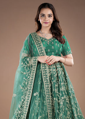 3 Pc Green Net Semi Stitched Lehenga Set - Indian Silk House Agencies