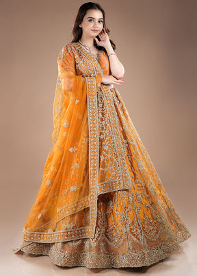 3 Pc Mustard Net Semi Stitched Lehenga Set - Indian Silk House Agencies