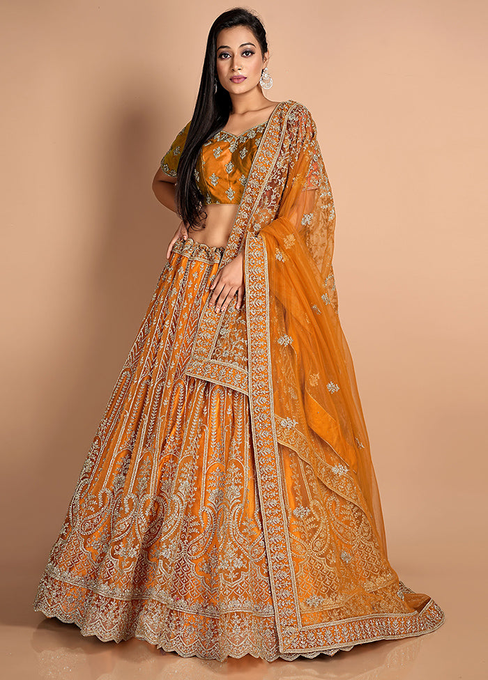 3 Pc Mustard Net Semi Stitched Lehenga Set - Indian Silk House Agencies