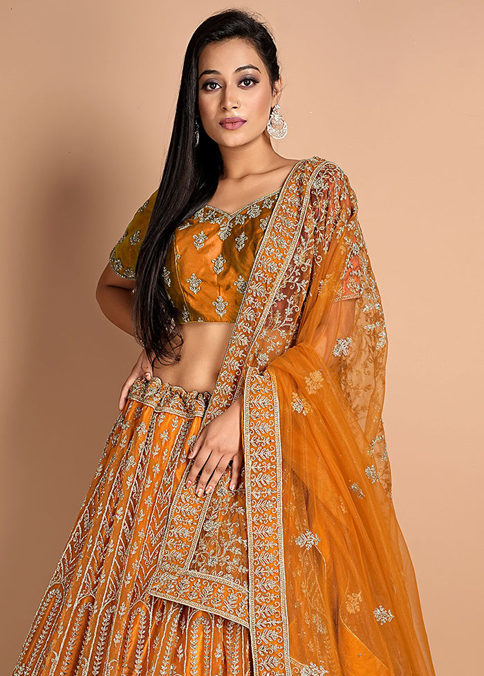 3 Pc Mustard Net Semi Stitched Lehenga Set - Indian Silk House Agencies