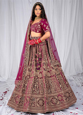 3 Pc Wine Velvet Semi Stitched Bridal Lehenga Set - Indian Silk House Agencies