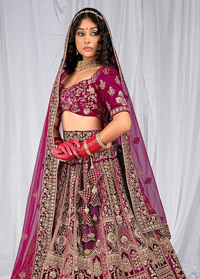 3 Pc Wine Velvet Semi Stitched Bridal Lehenga Set - Indian Silk House Agencies