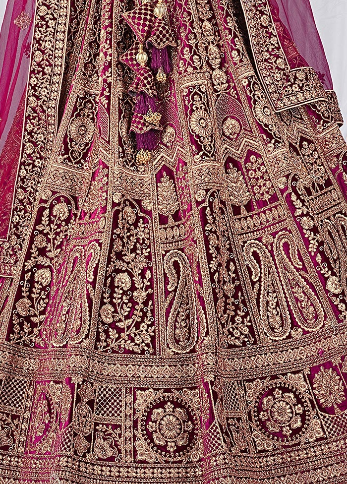 3 Pc Wine Velvet Semi Stitched Bridal Lehenga Set - Indian Silk House Agencies