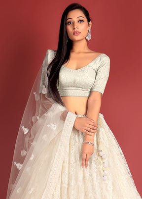 3 Pc White Net Semi Stitched Lehenga Set - Indian Silk House Agencies