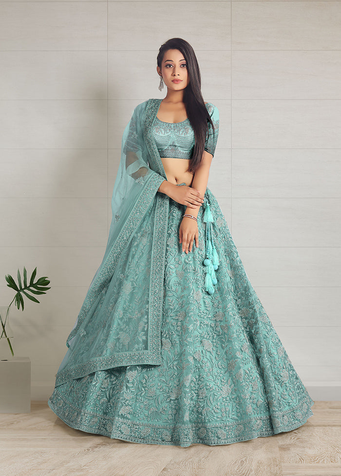 3 Pc Green Net Semi Stitched Lehenga Set - Indian Silk House Agencies